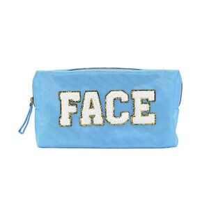 Makeup Cosmetics Bag Toiletry Pouch FACE Blue + Gold Bling Zipper NEW